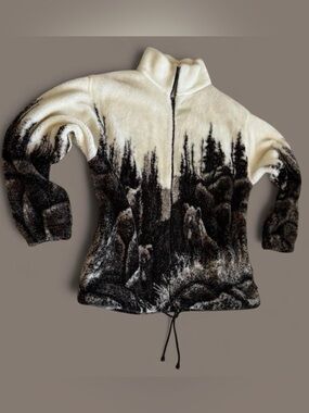 VTG Black Mountain Outdoor Bear Print Fleece Jacket Womens XL Full Zip 90's